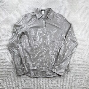J Crew Metallic Button Down Shirt Womens 6 Silver Shimmer Glam Party Disco Y2K
